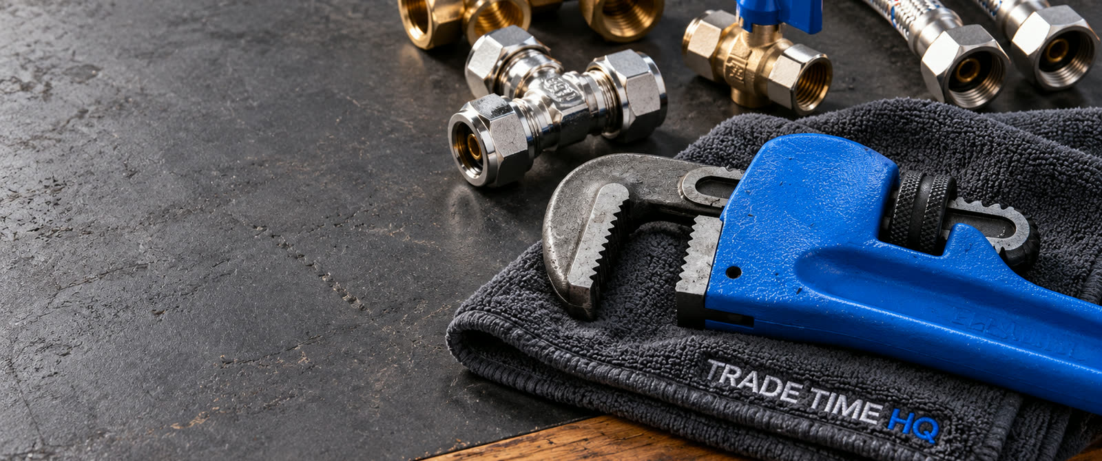 Illustration: brass and chrome plumbing fittings, braided supply hoses and a blue pipe wrench on a work cloth