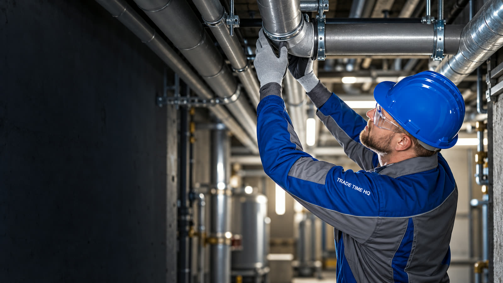 Illustration: a technician in a cobalt hard hat checking a pipe joint overhead in a mechanical room