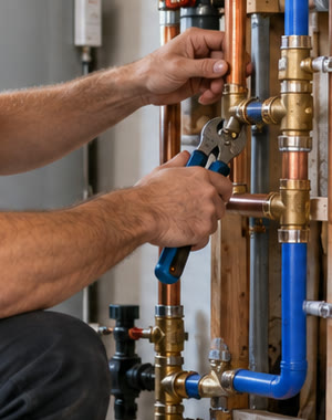 Illustration: a plumber's hands with a wrench on brass fittings and PEX lines