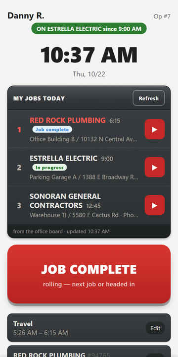 A crew member's phone listing his three jobs for the day from the office board