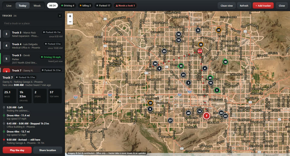 A map of trucks across a city, with one truck's day listed as drives and stops