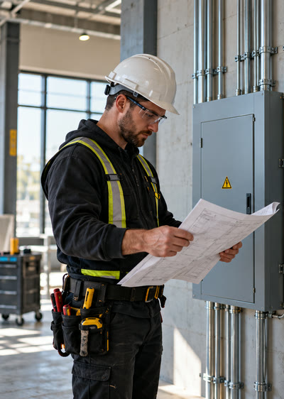 Illustration: an electrician in a hard hat and safety vest reading plans beside a closed electrical panel