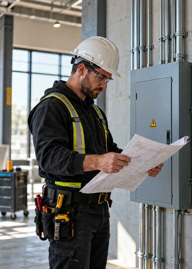 Illustration: an electrician in a hard hat reading plans beside an electrical panel
