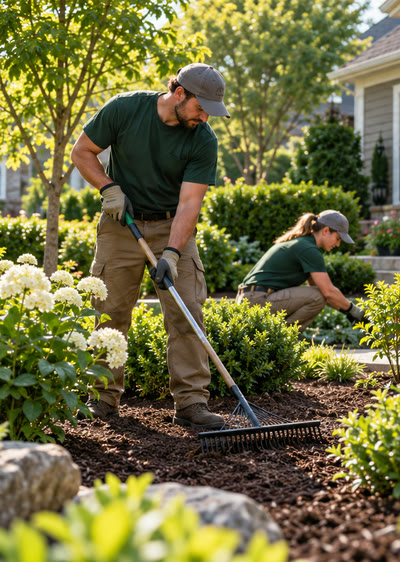 Illustration: a landscaper raking a garden bed while a second crew member plants