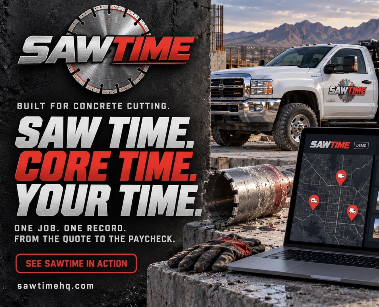 Saw Time - built for concrete cutting. Saw time, core time, your time: one job, one record, from the quote to the paycheck